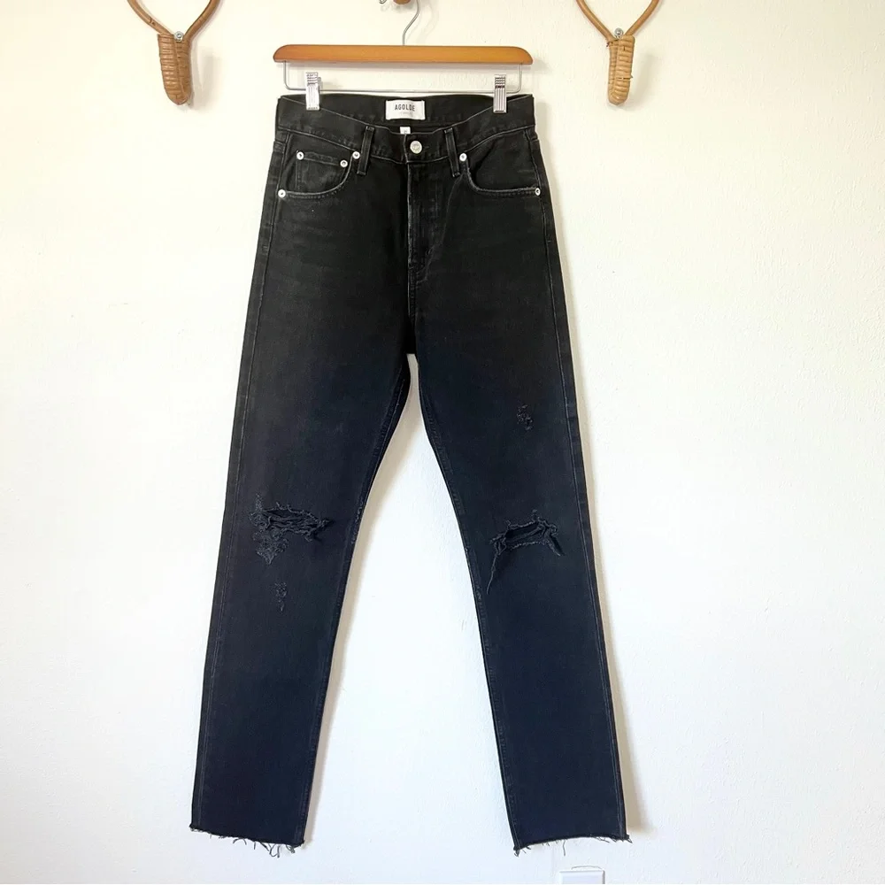 AGOLDE Cherie High Rise Straight Jeans Distortion Black Distressed - Picture 2 of 10